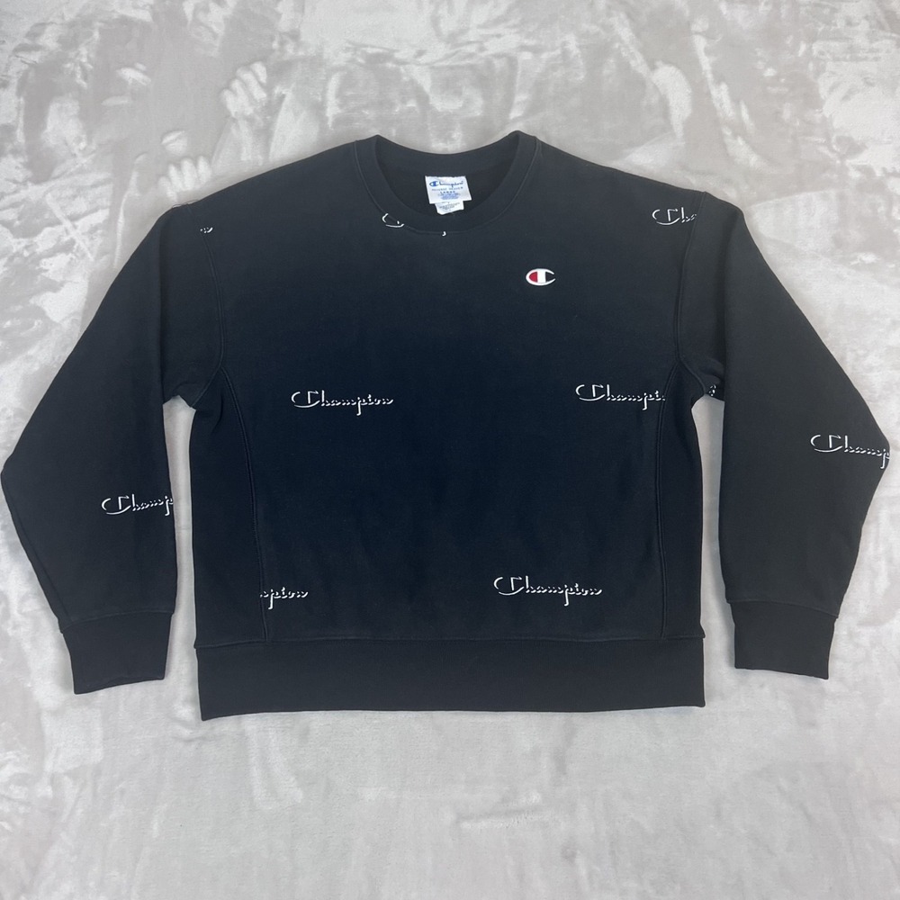 Champion Reverse Weave Sweater Womens Large Black Logo‎ Casual Pullover Crewneck